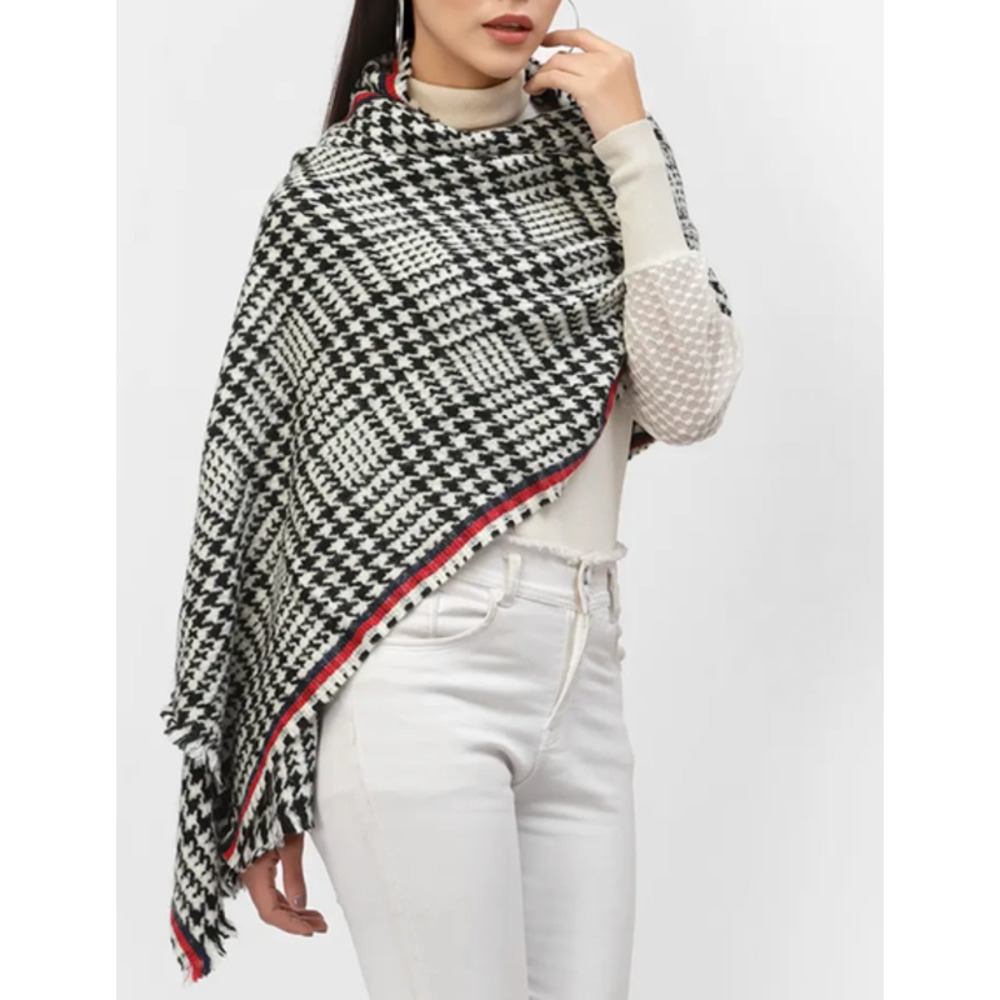Black & White Houndstooth Wrap Scarf with Red Trim
